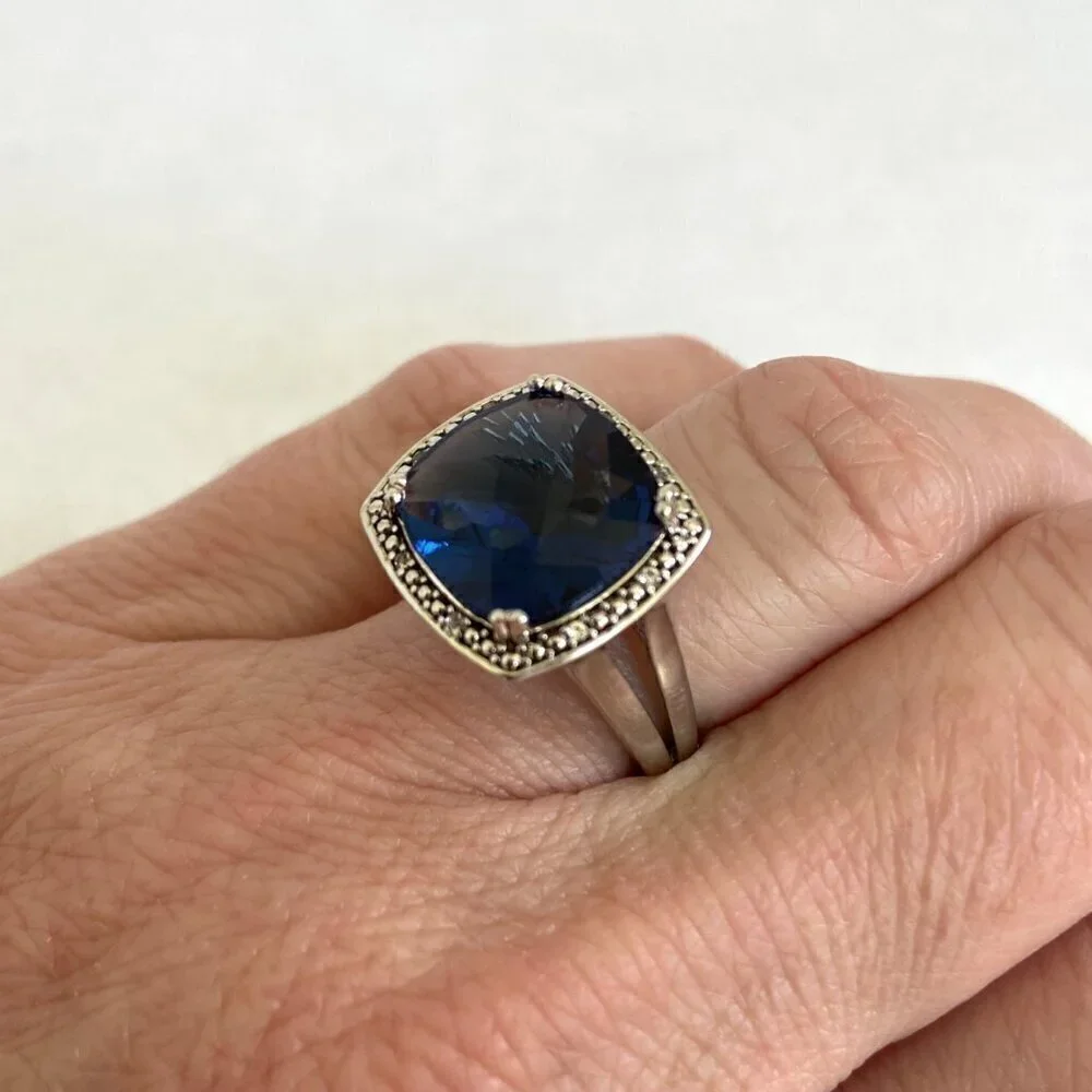 Sterling Silver 925 P☆M Blue Cubic Zirconia & Diamond Accent Stone Ring Sz 7